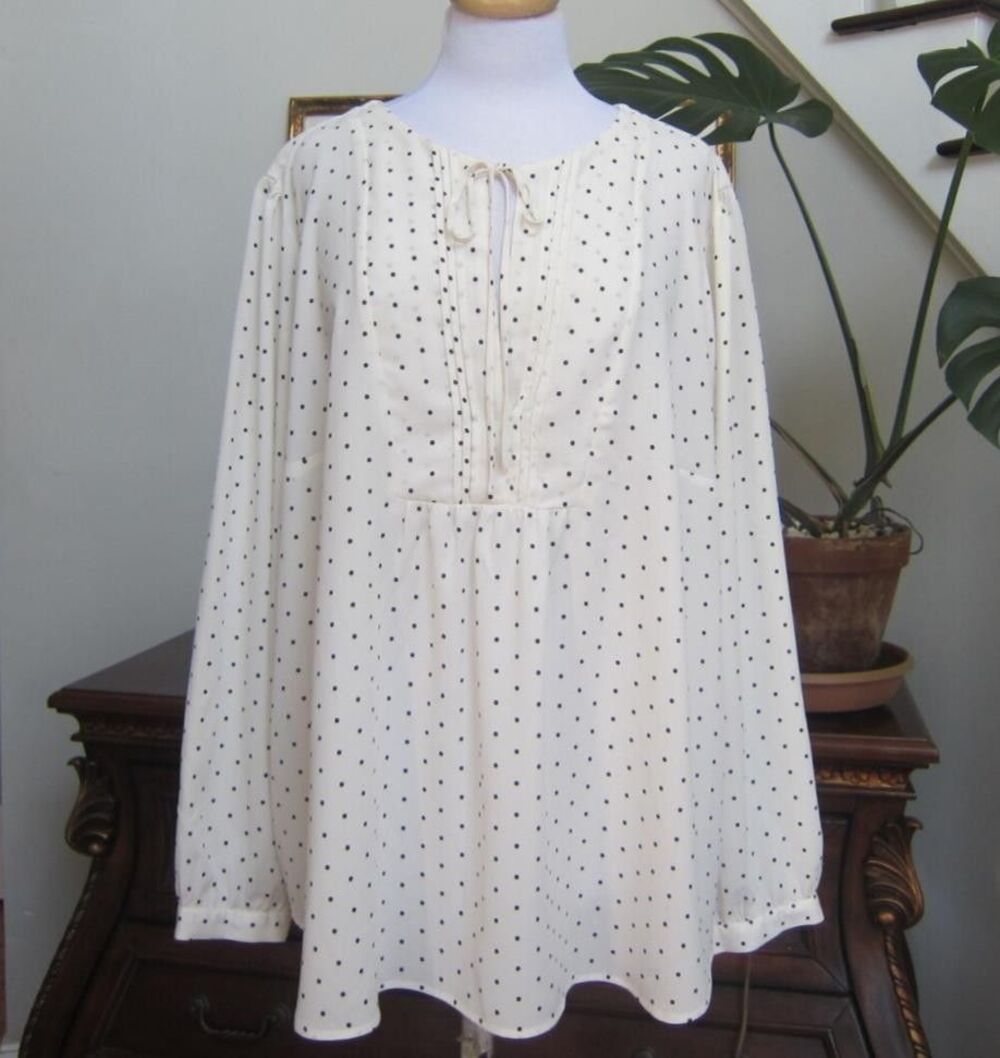 Ann Taylor Loft Size 24 White Polka Dot Pintuck Tie Front Long Sleeve Blouse